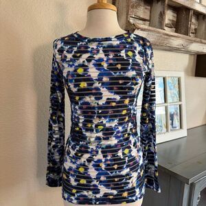 Fuzzi Jean Paul Gaultier Womens Floral Mesh Striped Long Sleeve Top Blue Large